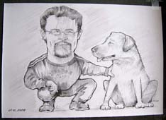 Рисунок мужчины с собакой шаржист Михаил Шабалин
